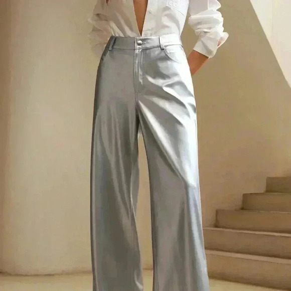 Silver Elegant Women's Faux Leather Urban Metallic Straight Leg Wide Leg Pants - Picture 3 of 5